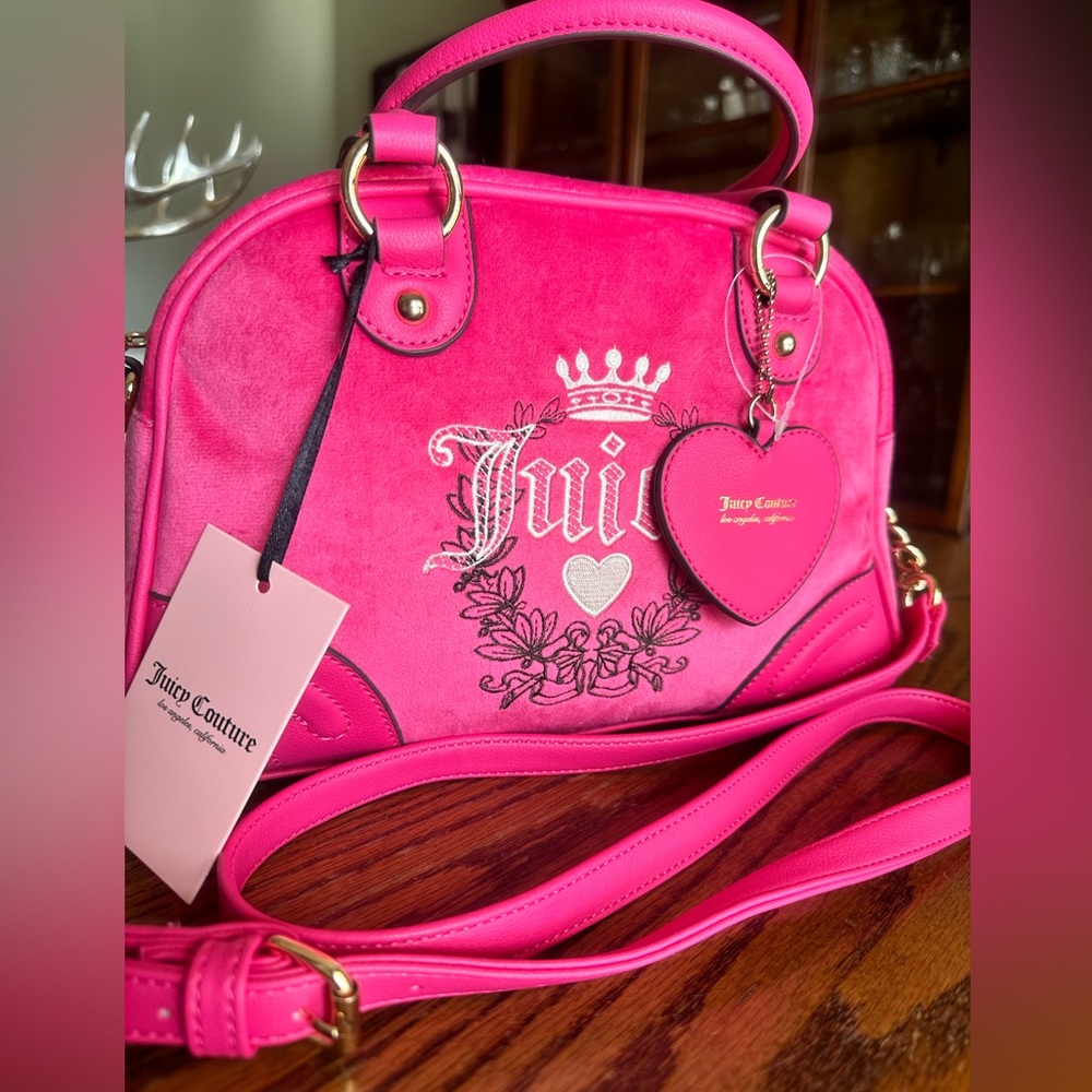 NEW WITH TAGS: Juicy Couture Hot Pink Velvet Free Love Heritage Bowler Bag
